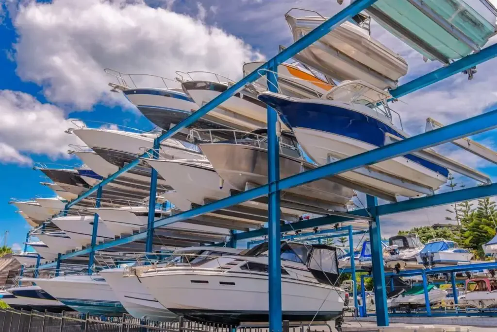 Boats in elevated dry storage at a boat storage facility.